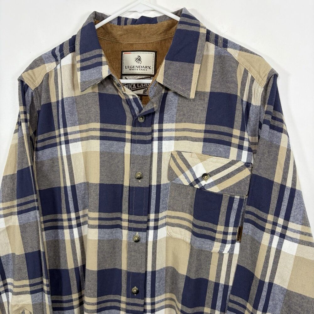 Legendary Whitetails Buck Camp Button Up Flannel Shirt Blue Beige Pocket Logo